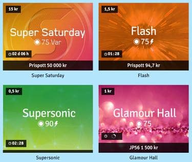 Skärmbild från bingolobbyn. Bingorummen Super Saturday, Flash, Supersonic och Glamour Hall visas.