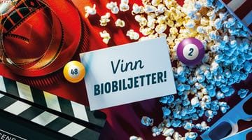 Popcorn, filmrulle, bingobollar och texten "Vinn biobiljetter"