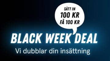 Bonuserbjudande från Miljonlotteriet. I bilden står det: "Black Week Deal. Vi dubblar din insättning". I en pratbubbla står det "Sätt in 100 kr få 100 kr".
