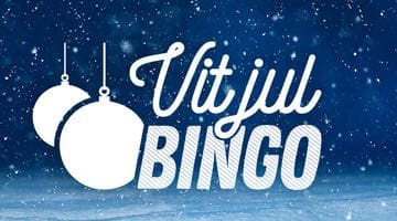 Vita julkulor och texten "Vit Jul bingo" framför mörkblå himmel med snöflingor.
