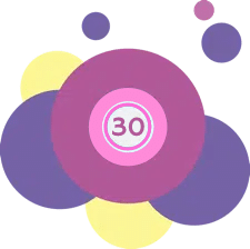 Färgglada cirklar med en bingoboll från 30-bollarsbingo i mitten av bilden.