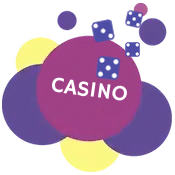 En bild med bubblor där det står casino i mittenbubblan. Runt bubblorna svävar tärningar som symboliserar casino online