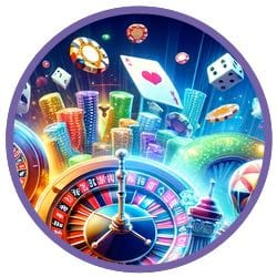 Rund bild som visar ett virrvarr av olika casinospel som roulette, craps och blackjack
