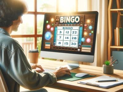 Kvinna sitter vid datorn och spelar 30-bollarsbingo online
