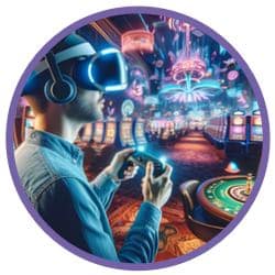 En man med VR-glasögon spelar casino i framtiden