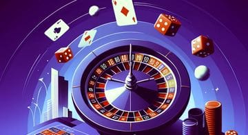 Bild på ett roulettehjul, spelkort, casinomarker, tärningar och roulettekulor