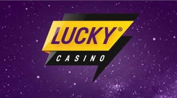 Loggan för LuckyCasino med en lila stjärnhimmel som bakgrund.