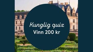 Banner för Miljonlotteriets quiz. Bild på ett slott och texten "Kunglig quiz vinn 200 kr" i en rund cirkel.