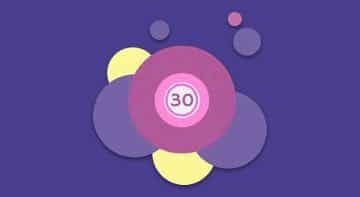 Bubblor i olika färger. I ena bubblan syns en bingoboll med nummer 30 på som symboliserar 30-bollarsbingo