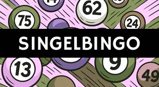 Tecknade bingobollar i bakgrunden. På bilden står det "Singelbingo" i en svart ruta.