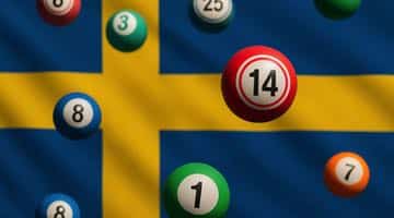 Bingobollar i olika färger flyger omkring i luften. I bakgrunden syns en svensk flagga.
