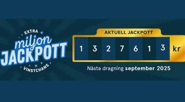 Logga för Miljonlotteriets Miljonjackpott intill ett räkneverk som visar den aktuella jackpottsumman 1 327 613 kr