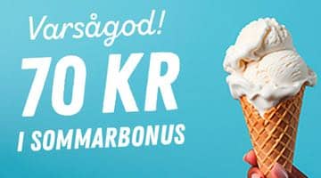 Bild med turkos bakgrund där någon håller i en glasstrut. På bilden står det "Varsågod! 70 kr i sommarbonus"