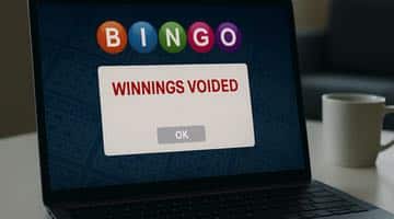 Bärbar dator där det står bingo på skärmen plus ett meddelande där det står "Winnings Voided" Det betyder att vinster är återtagna.