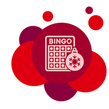 Färgglada bubblor i röda färger. I den stora bubblan i mitten finns en bingobricka och en julkula. Bilden ska symbolisera en Bingolott till Bingolottos uppesittarkväll