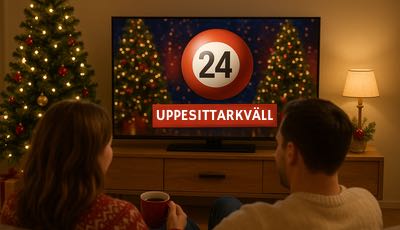 Ett par sitter framför tv:n och tittar på Bingolottos uppesittarkväll. I vardagsrummet är det julpyntat.