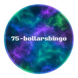 Rund ikon med lila, blått och grönt neonmönster i bakgrunden och vit text i mitten där det står "75-bollarsbingo"