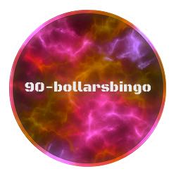 Rund ikon med rosa, lila och orange neonmönster i bakgrunden och vit text i mitten där det står "90-bollarsbingo"