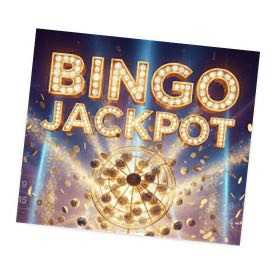 En bild med texten "Bingo Jackpot" i stora ljusprydda bokstäver. Under texten syns ett snurrande bingohjul omgivet av gyllene mynt och ljuseffekter som skapar en festlig och glittrande atmosfär.