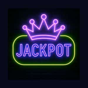 Neonskylt i lila och grönt där det står "Jackpot". Ovanför texten finns en kungakrona.