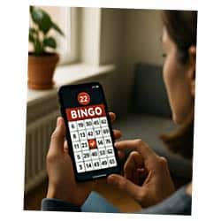 En kvinna sitter i hemmet och spelar bingospel på mobilen.