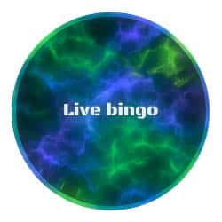 Rund ikon med blått och grönt neonmönster i bakgrunden och vit text i mitten där det står "Live bingo"