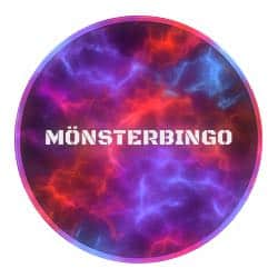 Rund ikon med rött, lila och blått neonmönster i bakgrunden och vit text i mitten där det står "Mönsterbingo"
