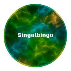 Rund ikon med blått, grönt och lite orange neonmönster i bakgrunden och vit text i mitten där det står "Singelbingo"