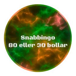 Rund ikon med grönt och orange neonmönster i bakgrunden och vit text i mitten där det står "Snabbingo 80 eller 30 bollar"