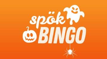 Bild på loggan för spelet Spökbingo. I loggan syns ett spöke, en pumpa och en spindel samt texten "Spökbingo". Bakgrunden är orange.