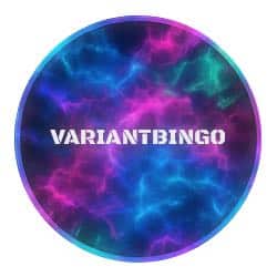 Rund ikon med lila, blått, rosa och grönt neonmönster i bakgrunden och vit text i mitten där det står "Variantbingo"