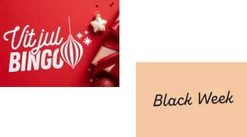 Reklambild i två delar. Till vänster en bild på bingospelet Vit jul hos Miljonlotteriet. Till höger beige bakgrund med handskriven text ”Black Week”. En del av Miljonlotteriets kampanj för black week.