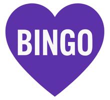 Ett lila hjärta med texten "Bingo" i mitten av hjärtat. Bilden symboliserar att bingo är ett älskat spel av många i Sverige