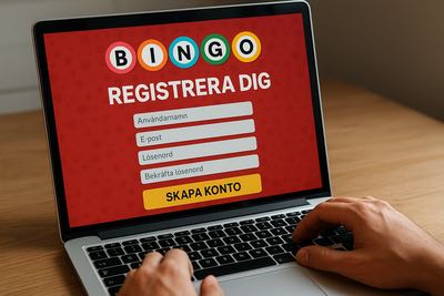 En person sitter vid datorn och registrerar sig på en bingosajt. På skärmen syns texten "Registrera dig" samt olika fält som spelaren ska fylla i för att skapa ett konto.