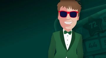 Tecknad bingovärd i grön kostym och röda solglasögon framför en spelbakgrund med bingobrickor och siffror.