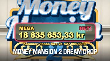 Bild på loggan till sloten Money Mansion 2 i bakgrunden. I förgrunden syns en ruta som visar aktuell jackpott på 18 835 653,33 kr