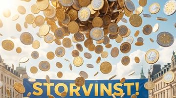 Pengaregn med guld- och silverfärgade mynt som faller över en stadsmiljö, med texten "STORVINST!" på en banderoll i förgrunden