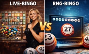 Jämförande bild av live-bingo och RNG-bingo, med en bingoutropare och fysisk bollmaskin på vänster sida och en digital bingoruta på en laptop med nummer 27 på höger sida, separerade av ett stort ”VS”-märke.