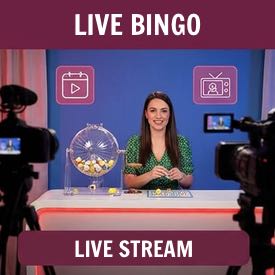Live bingo-sändning i studio med kvinnlig utropare framför en bollmaskin, filmad av flera kameror som streamar sändningen