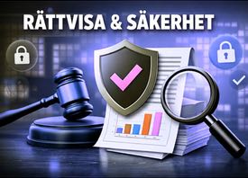 Illustration som symboliserar rättvisa och säkerhet i bingospel online, med domarklubba, sköld med bockmarkering, dokument med diagram och förstoringsglas samt låsikoner i bakgrunden.