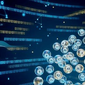 En abstrakt bild som visar hur data och slumpmässiga nummer genereras av mjukvaran. I bilden syns sekvenser med ettor och nollor och flygande bingobollar. Den ska illustrera tekniken bakom RNG-bingo.