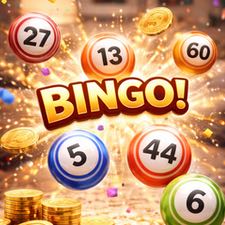 Illustration av en bingovinst med färgglada bingobollar, guldmynt, konfetti och ett stort "BINGO!" i centrum.