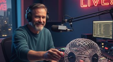 En manlig radiopratare sitter i en radiostudio och drar bingonummer ur en bolltrumma.