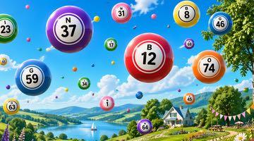 Färgstarkt sommarlandskap med blommande äng, blå himmel och flera stora bingobollar som svävar i luften. Bilden ska illustrera att BingoLotto sänder under sommaren.