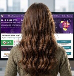 Bild på Maria som sitter med ryggen mot kameran och arbetar med bingoonline vid datorn