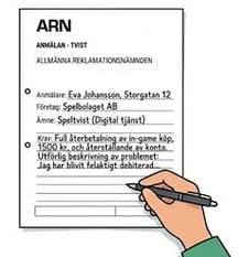 Illustration av en anmälan till ARN där en person fyller i uppgifter om en tvist med ett spelbolag.