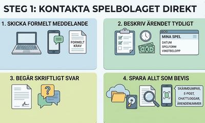 Illustration som visar hur man ska gå till väga när man kontaktar ett spelbolag vid utebliven bingovinst: skicka meddelande, beskriv ärendet, begär skriftligt svar och spara bevis.