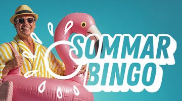 En man i stråhatt och solglasögons med en badleksak samt loggan för Sommarbingo