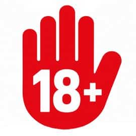 Röd stoppsymbol i form av en hand med texten 18+ som visar att tjänsten endast är för personer över 18 år.