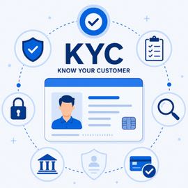 Illustration av KYC med ID-kort, kontrollsymboler, lås, sköld, checklista och förstoringsglas som visar identitetskontroll och verifiering online.